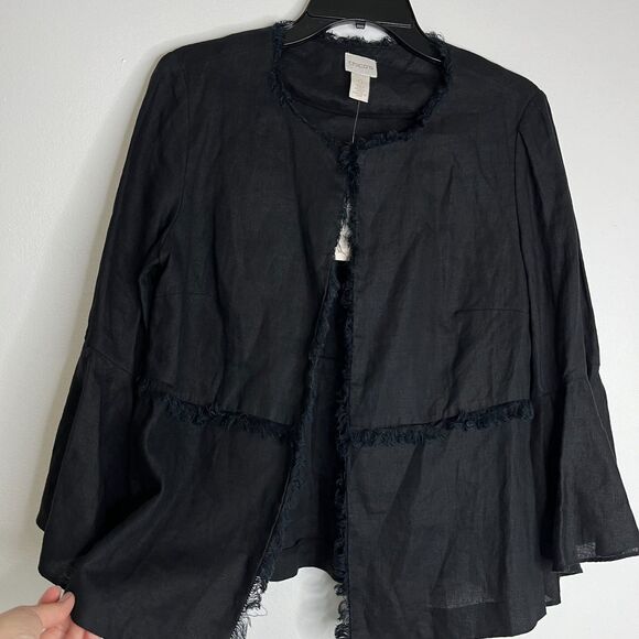 Chico's 100% Linen Black Bell Sleeve Open Jacket Fringe Trim Sz 0 US Sz S/4 NWT - Picture 4 of 10
